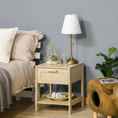 The Range Bedside Table Nightstand with Rattan Drawer - Nature Wood