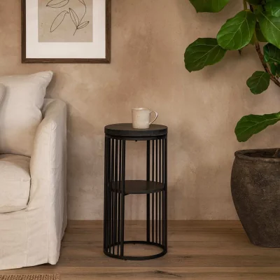 The Range Dublin Black Marble-Effect Round Bedside Table with Black Steel Frame by Wyld Haus - Black