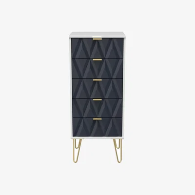 The Range Diamond Ready Assembled 5 Drawer Bedside Cabinet - Indigo & White Matt
