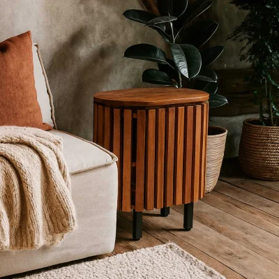 The Range Birmingham Slatted Mango Wood Bedside Table with Legs - Brown