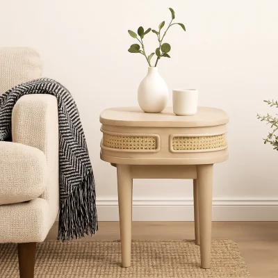 The Range Chicago Cane Mango Wood and Rattan Bedside Table, 2 Drawers - Neutral