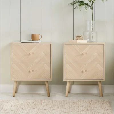 The Range Pair of 2 Drawer Oak Bedside Cabinet Birlea Herringford Chevron - Oak