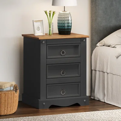 The Range Corona Charcoal Large 3 Drawer Bedside - Distressed Charcoal Wax