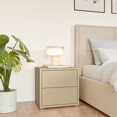 The Range Alice Springs Low Bedside Cabinet with 2 Drawers Push-Open in Taupe - Butter Yellow