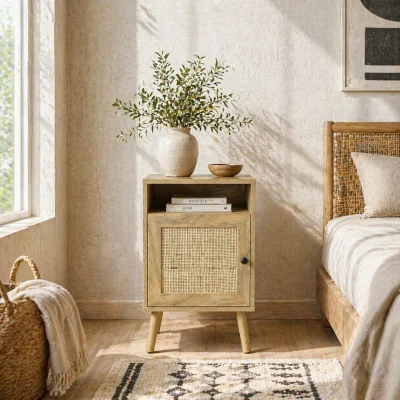 The Range Nepale Natural Wooden Rattan Bedside Table with Drawer and Shelf