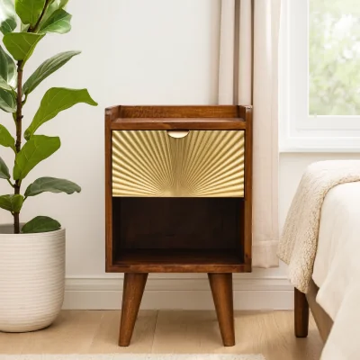 The Range Bolzano Art Deco Mini Bedside Table Solid Mango Wood 1 Drawer Brass Plated Front - Brown