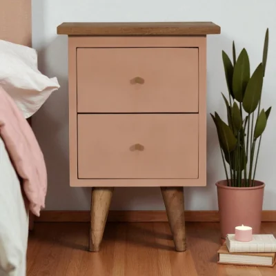 The Range Solid Wood Blush Pink Hand Painted Bedside - Brown & Pink