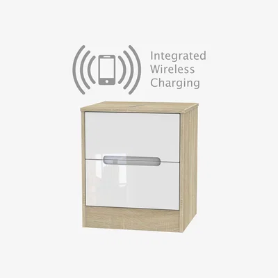 The Range Monaco Ready Assembled SMART 2 Drawer Bedside - White Gloss & Bardolino Oak