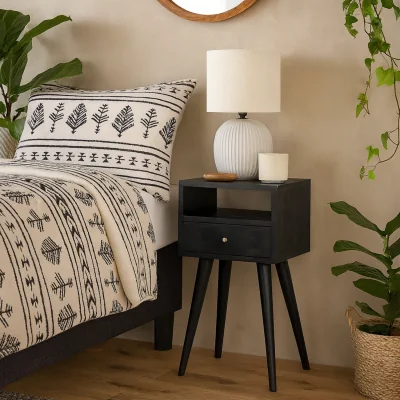 The Range Kood Mini Bedside Table Wash Mango Wood Drawer and Open Shelf - Black