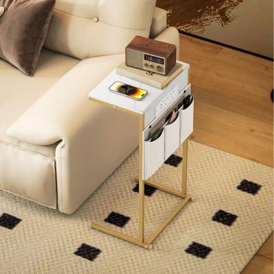 The Range HOMCOM C-Shaped Bedside Table with Charging and Storage Bags - White