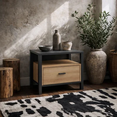 The Range Egtved 1-Drawer Bedside Table, Riviera Oak-Effect and Black Metal - Brown
