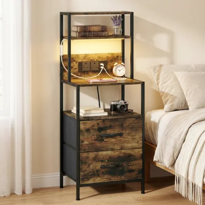 The Range HOMCOM Bedside Table with Charging Station LED Light Strips - Rustic Brown