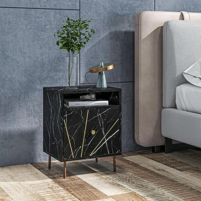 The Range HOMCOM Bedside Table with Drawer Open Shelf for Bedroom Living Room - Black Marble Effect