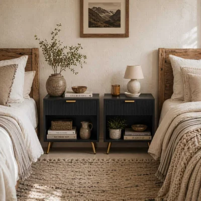 The Range Sota Sola Set of 2 Black and Gold Ribbed Bedside Tables with Drawer and Shelf