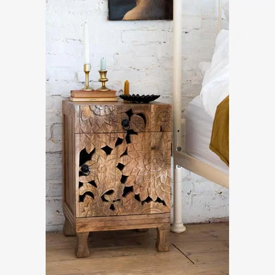 Rockett St George Carved Floral Design Wood Bedside Table