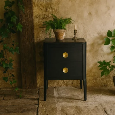 The Range Bologna Bedside Table with Brass Handles and 2 Drawers - Black