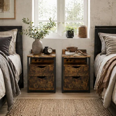 The Range Dikedo Set of 2 Rustic Brown Industrial Bedside Tables, 2 Drawers and Shelf