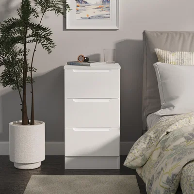 The Range Milan Fully Assembled 3 Drawer Bedside Cabinet - White Gloss & White
