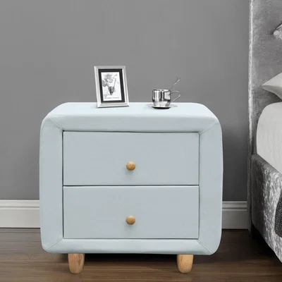 The Range Linen Fabric 2 Drawer Bedside Table with Oak Feet and Handles - Duck Egg Blue