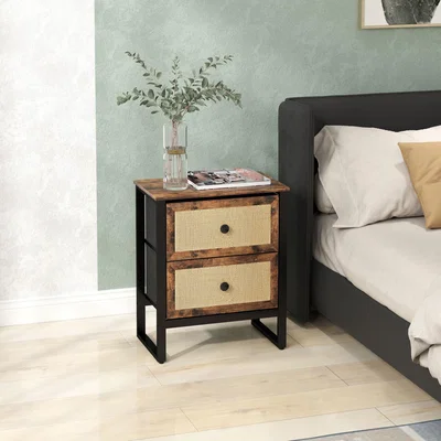 The Range HOMCOM Bedside Table with 2 Rattan Drawers Rustic Brown - Rustic Brown