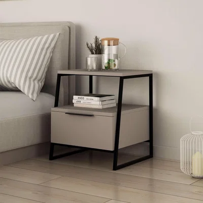 The Range FWStyle 1 Drawer Modern Bedside Table Nightstand Black Metal Frame - Mocha Grey