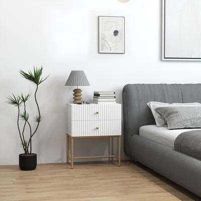 The Range HOMCOM Modern Bedside Table with 2 Drawers and Metal Legs - White