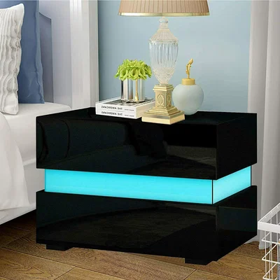 The Range Bedside Table High Gloss with 2 Drawers LED Light New - Black