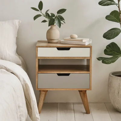The Range Pranburi Grey & White Mango Wood Bedside Table - 2 Drawers and Open Shelf - Brown