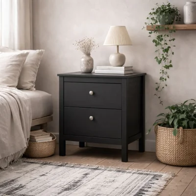 The Range Gossmere 2-Drawer Bedside Table, Black, Silver Handles - Black
