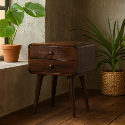 The Range Chiusa Wide Bedside Table in Dark Mango Wood 2 Drawers - Brown