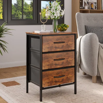 The Range Lifeideas Vintage Bedside Table with Fabric Drawers - Dark Brown & Black