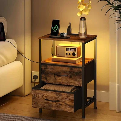 The Range Set of 2 LED Bedside Tables Charging Station, Brown - Rustic Brown