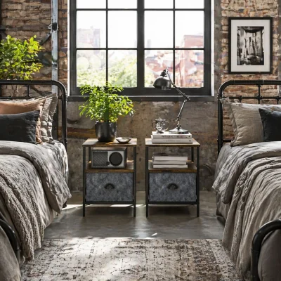 The Range Nehayo Set of 2 Rustic Brown Bedside Tables with Grey Fabric Drawers