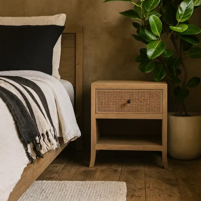 The Range Argentina Rattan Bedside Table 1 Drawer and Open Shelf - Brown