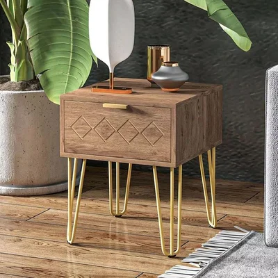 The Range Bedside Table With Drawer and Metal Legs - Brown and Gold