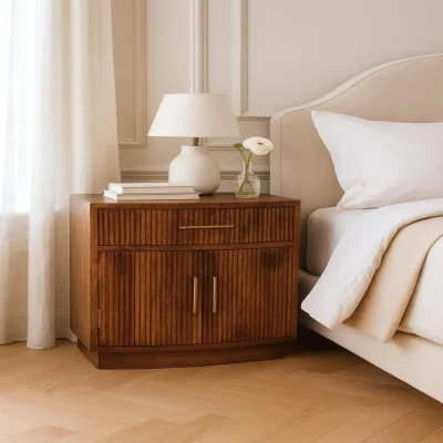The Range Solid Wood Curved Ribbed Bedside with Drawer - Amber Oak