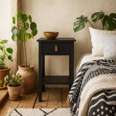 The Range Wildberry Matt Bedside Table with 1 Drawer and Leather Tab Handle - Black