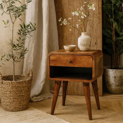 The Range Honfleur Curved Mango Wood Bedside Table Chestnut with Drawer - Brown