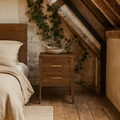 The Range Modena Bedside Table in Stained with 2 Brass Handled Drawers - Brown