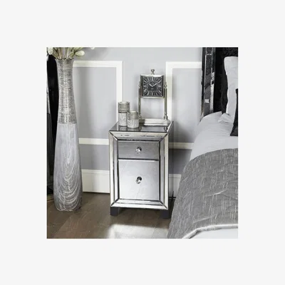 Teddy Beau Deco Home Arctic Noir Smoked Glass Black Mirrored 2 Drawer Bedside Cabinet Table