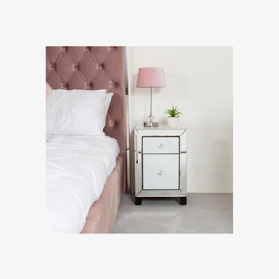 Teddy Beau Deco Home Arctic White Mirrored Glass 2 Drawer Bedside Cabinet