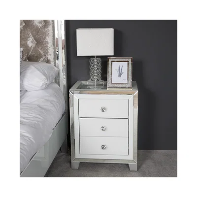 Teddy Beau Deco Home Madison White 3 Drawer Mirrored Display Bedside Cabinet With Clear Top
