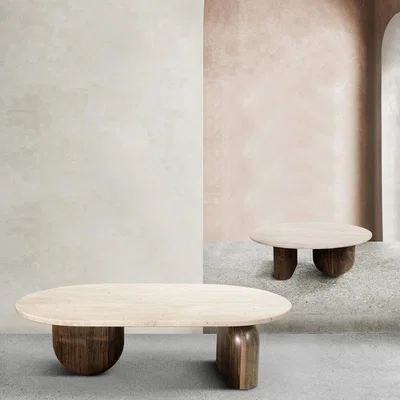 Amara Essential Home - Philip Long Centre Table - Solid Wood Walnut/Travertine Stone