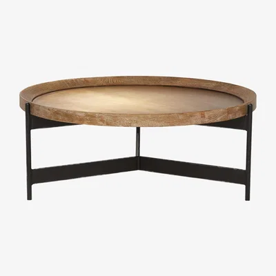 Barker and Stonehouse Zeke Round Coffee Table, Light Brass and Oak