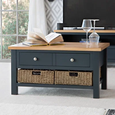 Chiltern Oak Furniture Salisbury Blue Painted Oak Coffee Table with Wicker Baskets