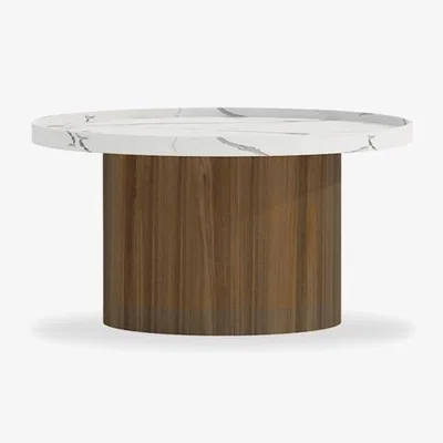 Cult Furniture Raya Round Coffee Table, White Marble Effect & Walnut