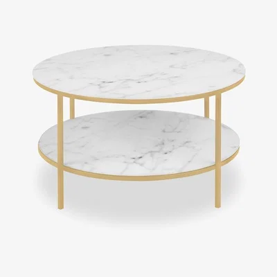 Cult Furniture £30 Off Alisma Round Coffee Table with Shelf, White Marbled Glass & Brass