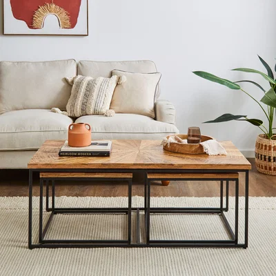 Dunelm Zayn Starburst Pattern Mango Wood Nest of Coffee Tables Brown