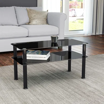 Dunelm AVF Small Coffee Table, Black Glass with Black Legs Black