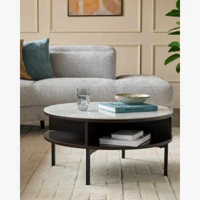 Danetti Aurora Marbled Ceramic and Dark Oak Round Coffee Table